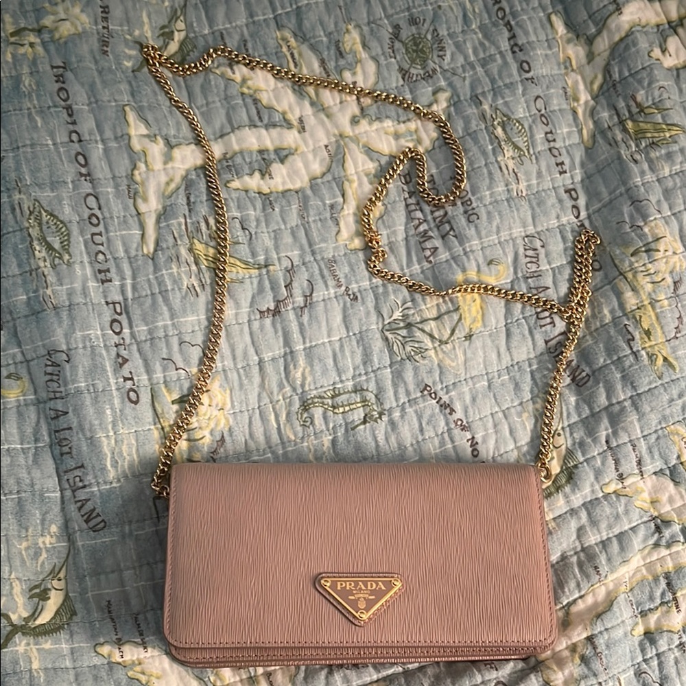 Prada Mauve Wallet on Gold Chain w/ Signature Logo